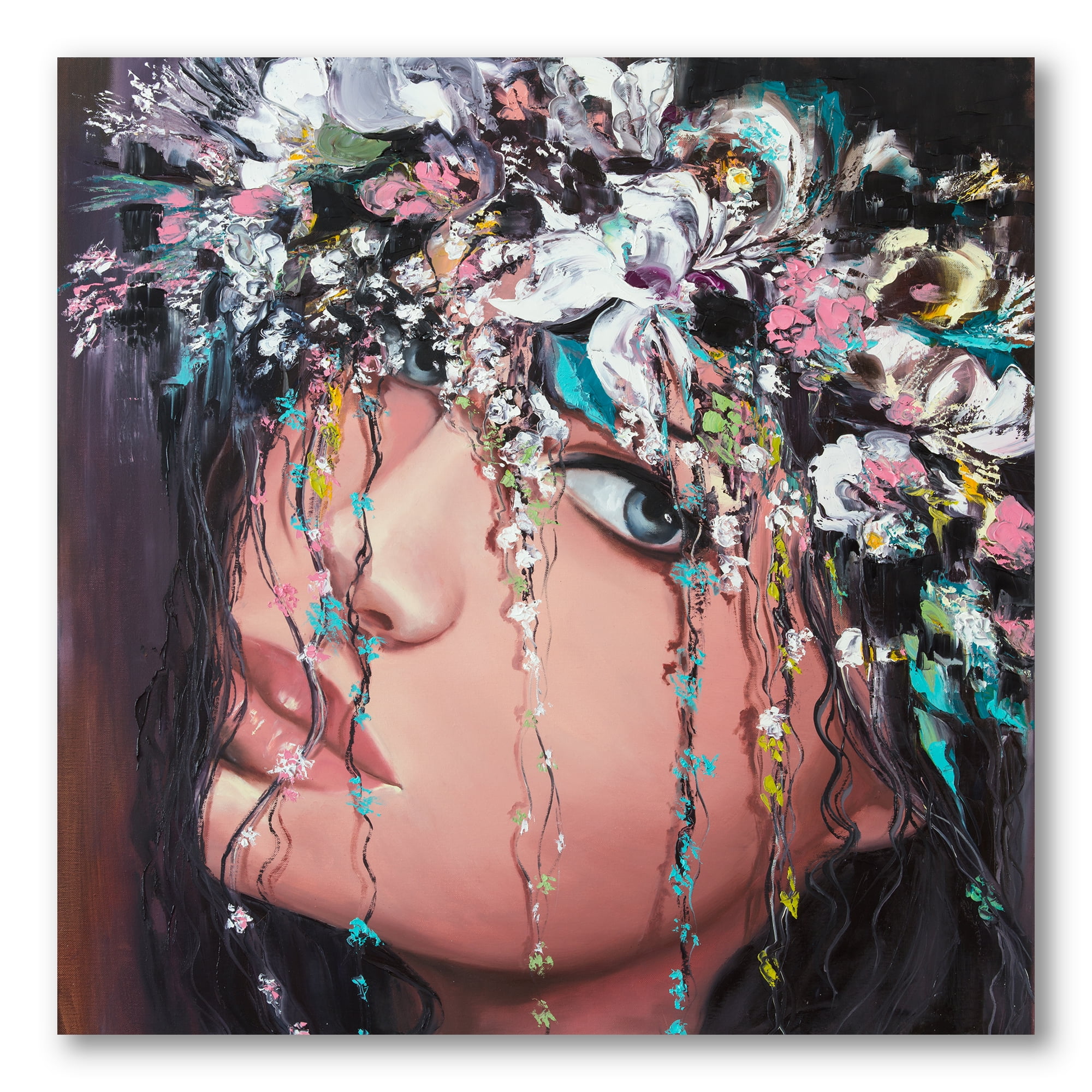 Designart ' Portrait Of A Young Woman With Flowers II ' Modern Canvas Wall Art Print