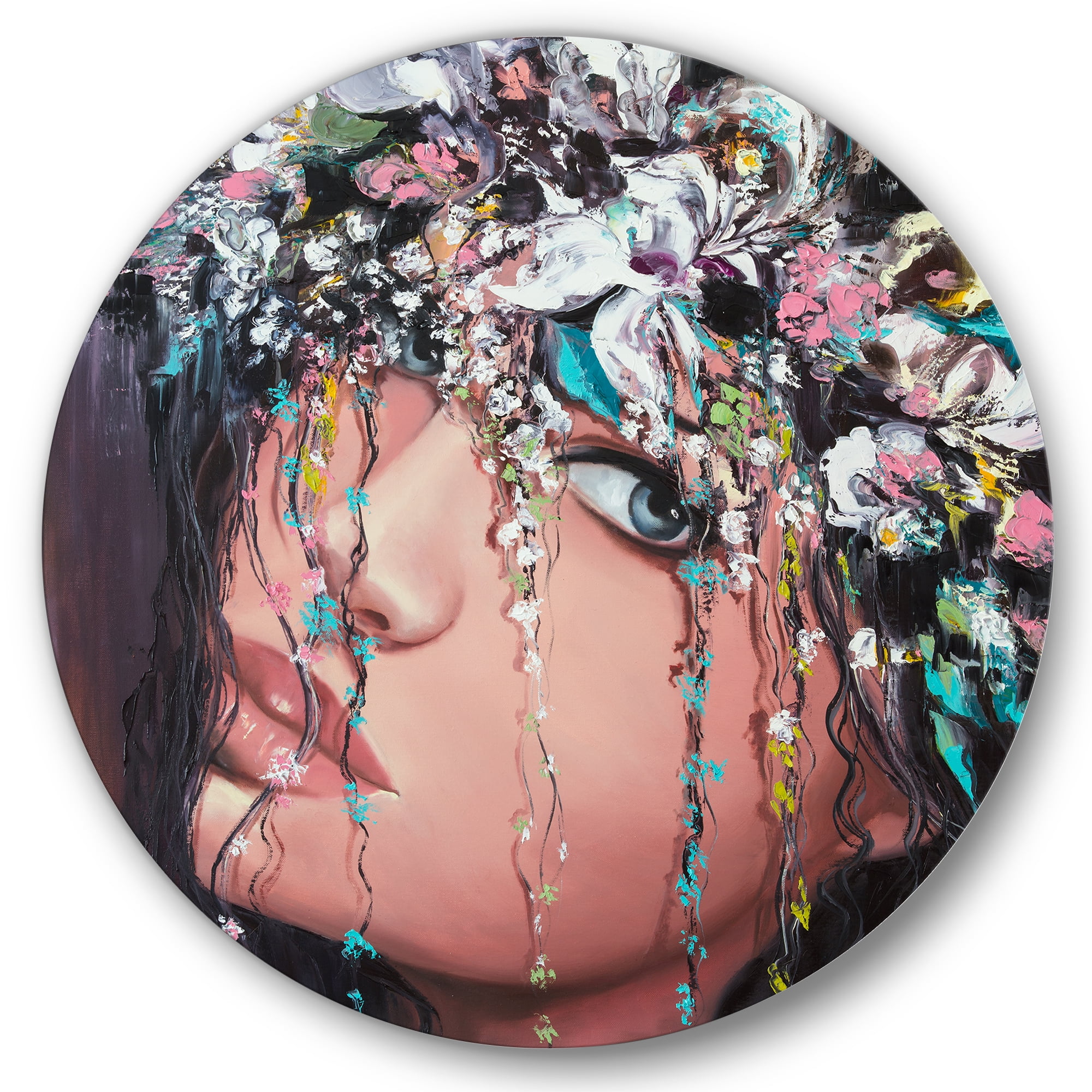 Designart 'Portrait Of A Young Woman With Flowers II' Modern Circle Metal Wall Art 29x29 - Disc of 29