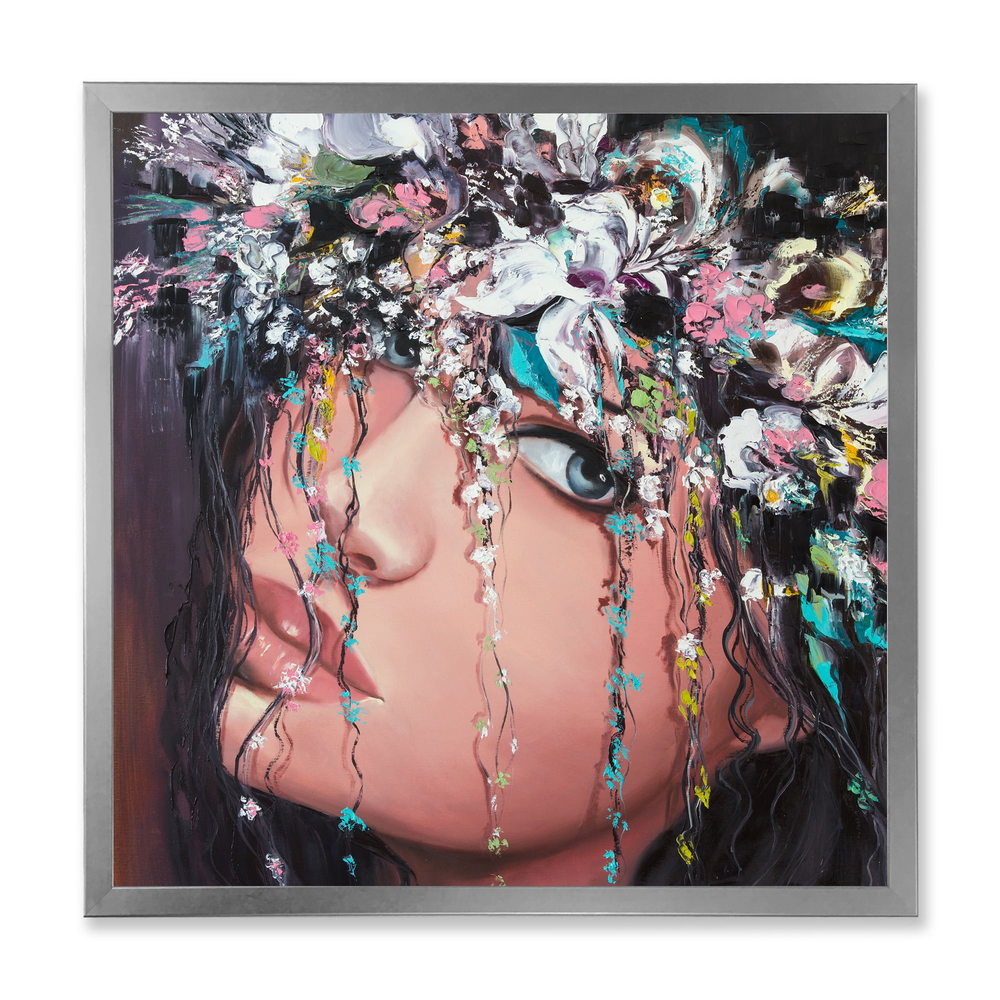 Designart 'Portrait Of A Young Woman With Flowers II' Modern Framed Art Print