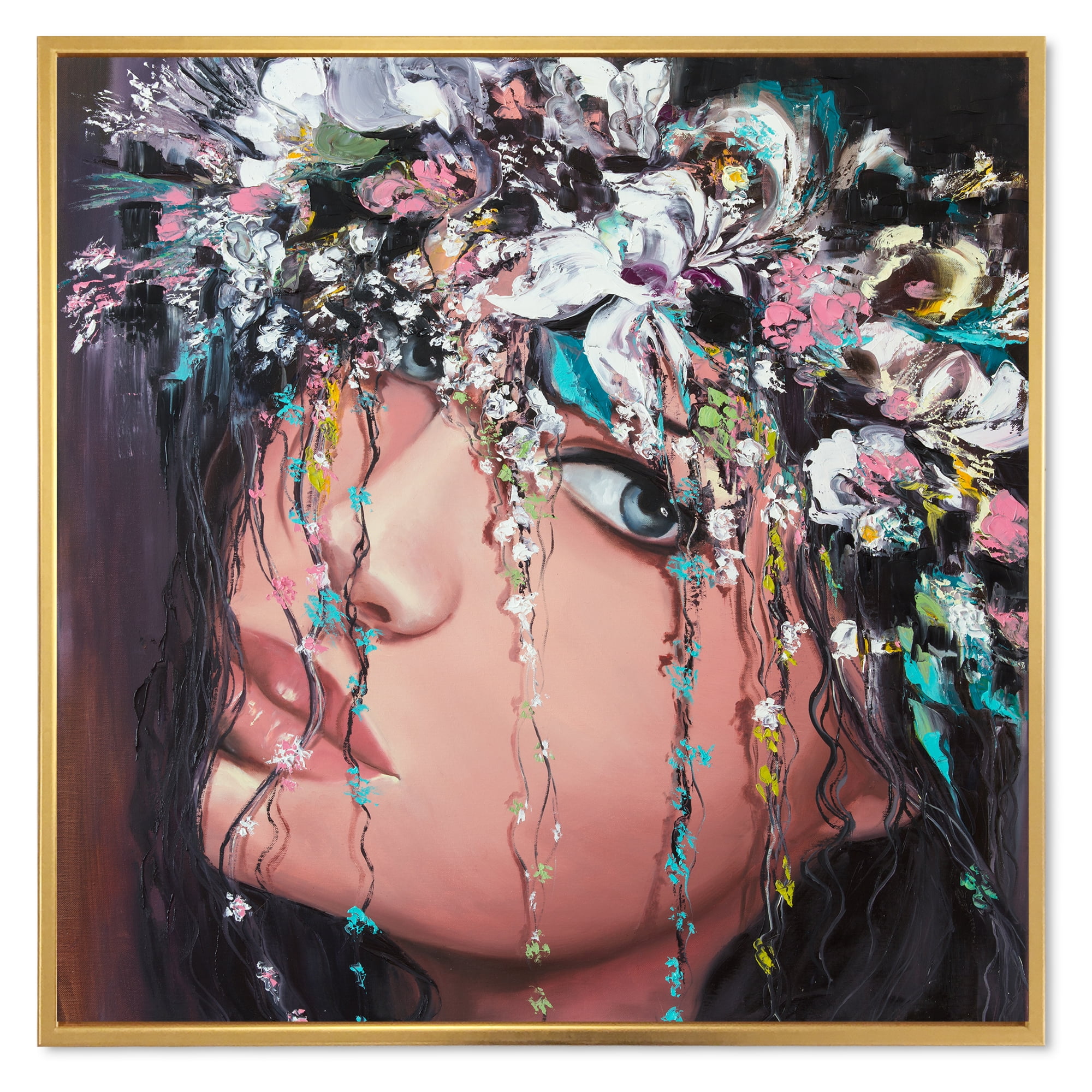 Designart 'Portrait Of A Young Woman With Flowers II' Modern Framed Canvas Wall Art Print