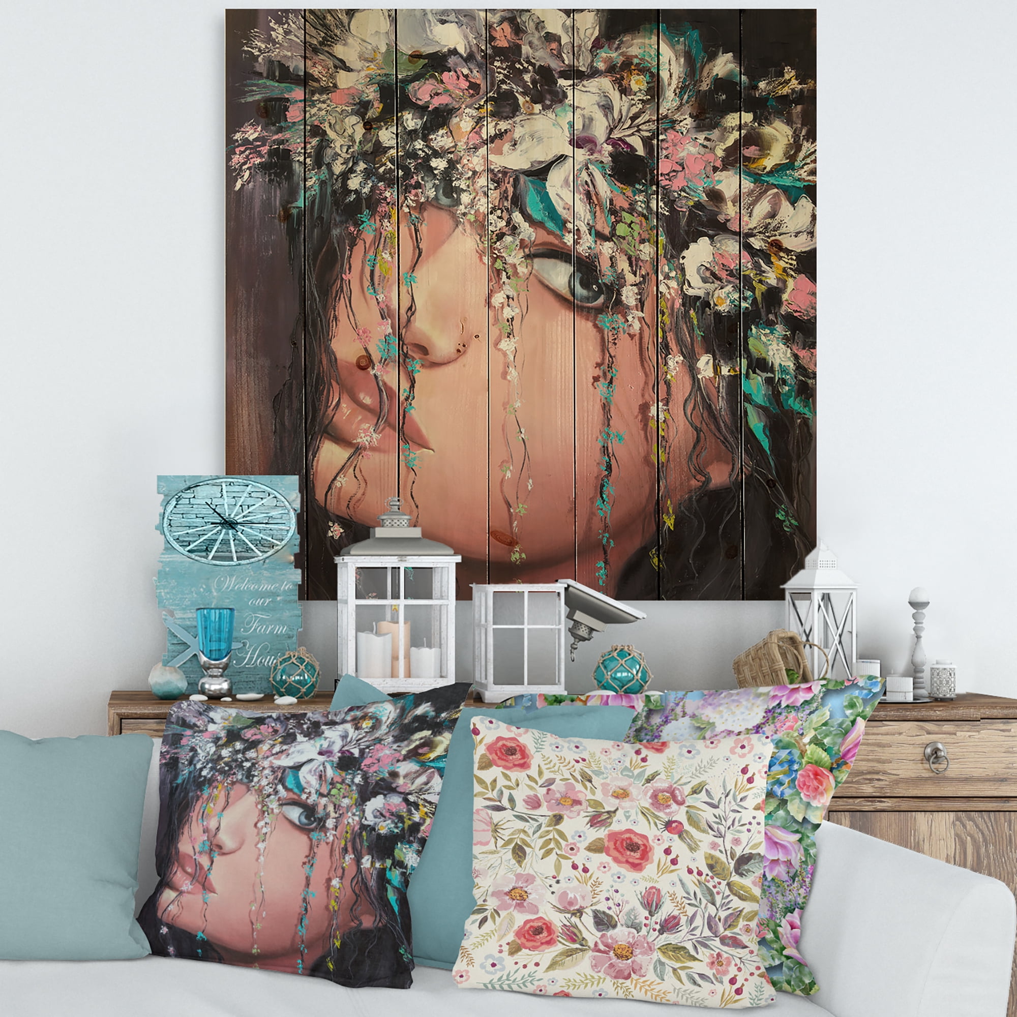 Designart 'Portrait Of A Young Woman With Flowers II' Modern Print on Natural Pine Wood