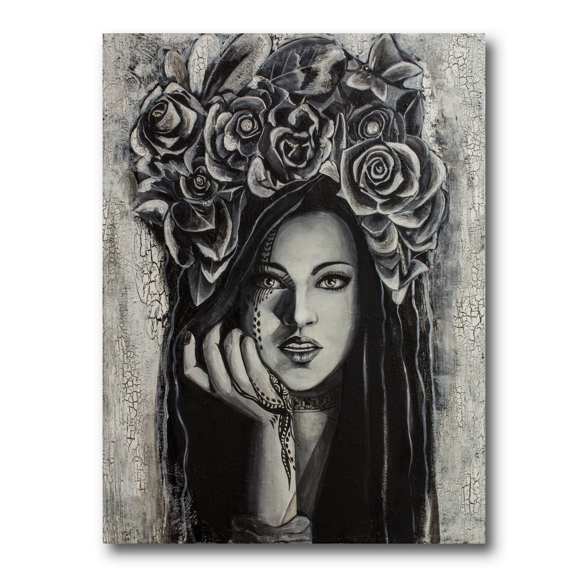 Designart ' Portrait Of A Young Woman With Flowers III ' Modern Canvas Wall Art Print