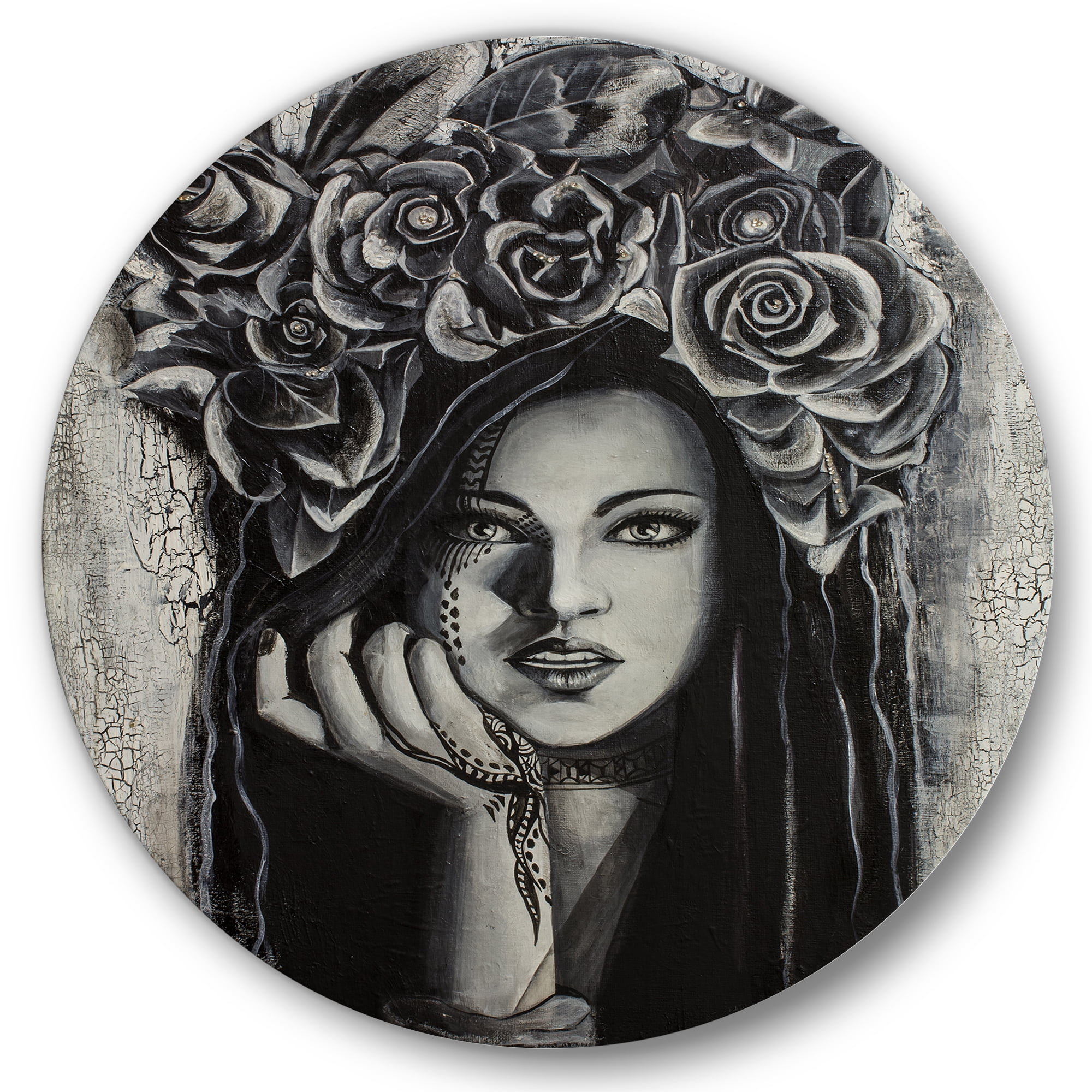 Designart 'Portrait Of A Young Woman With Flowers III' Modern Circle Metal Wall Art 23x23 - Disc of 23