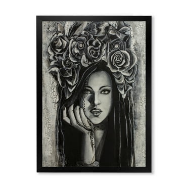 Designart 'Portrait Of A Young Woman With Flowers III' Modern Framed Art Print