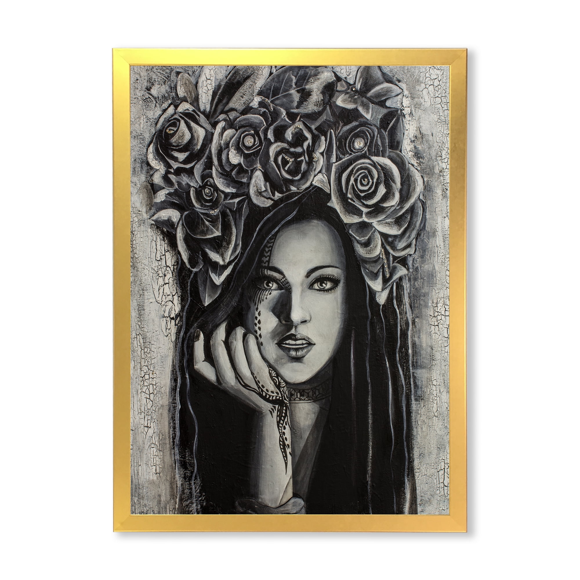 Designart 'Portrait Of A Young Woman With Flowers III' Modern Framed Art Print