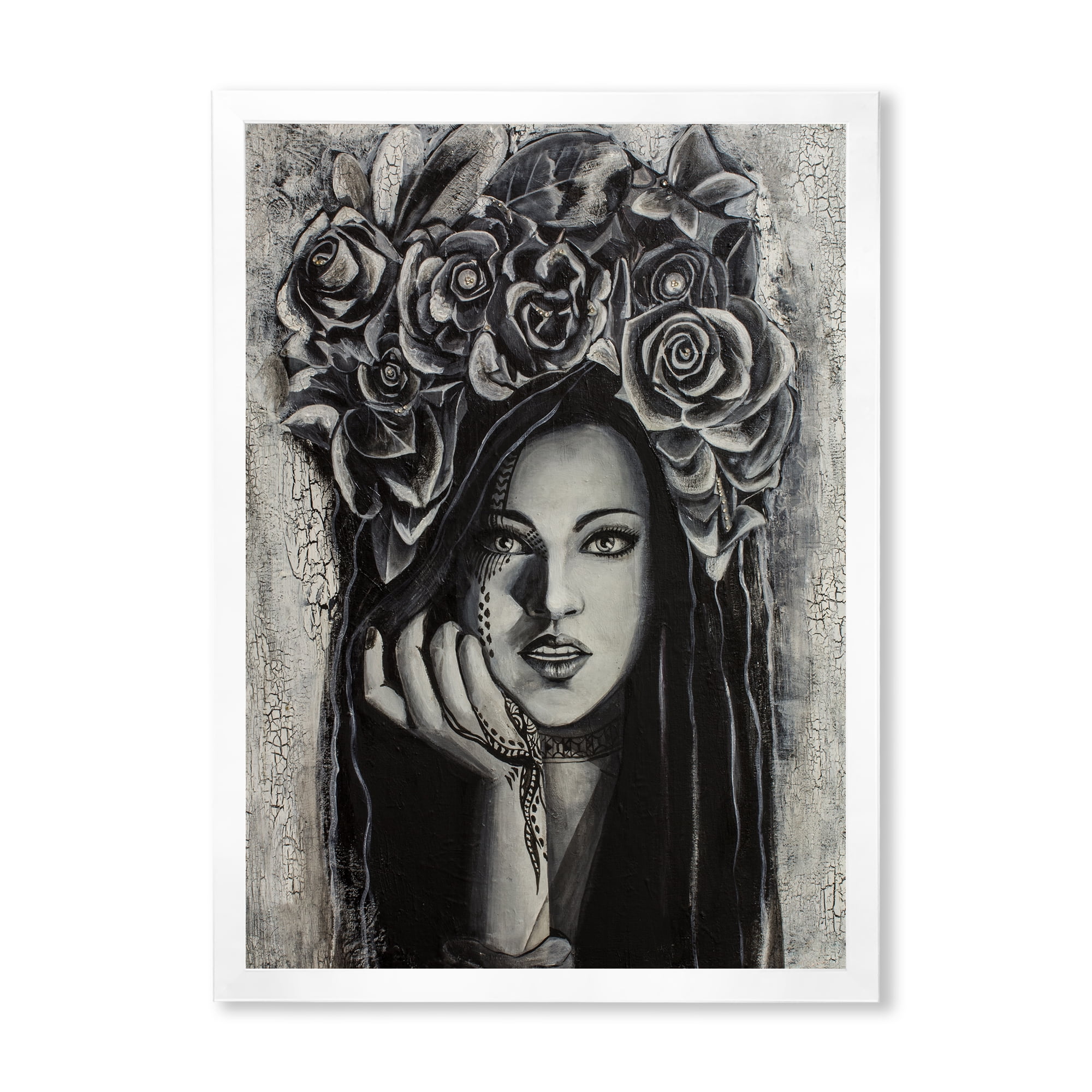 Designart 'Portrait Of A Young Woman With Flowers III' Modern Framed Art Print