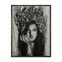 Designart 'Portrait Of A Young Woman With Flowers III' Modern Framed Canvas Wall Art Print