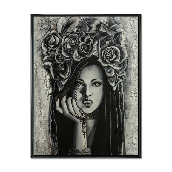 Designart 'Portrait Of A Young Woman With Flowers III' Modern Framed Canvas Wall Art Print