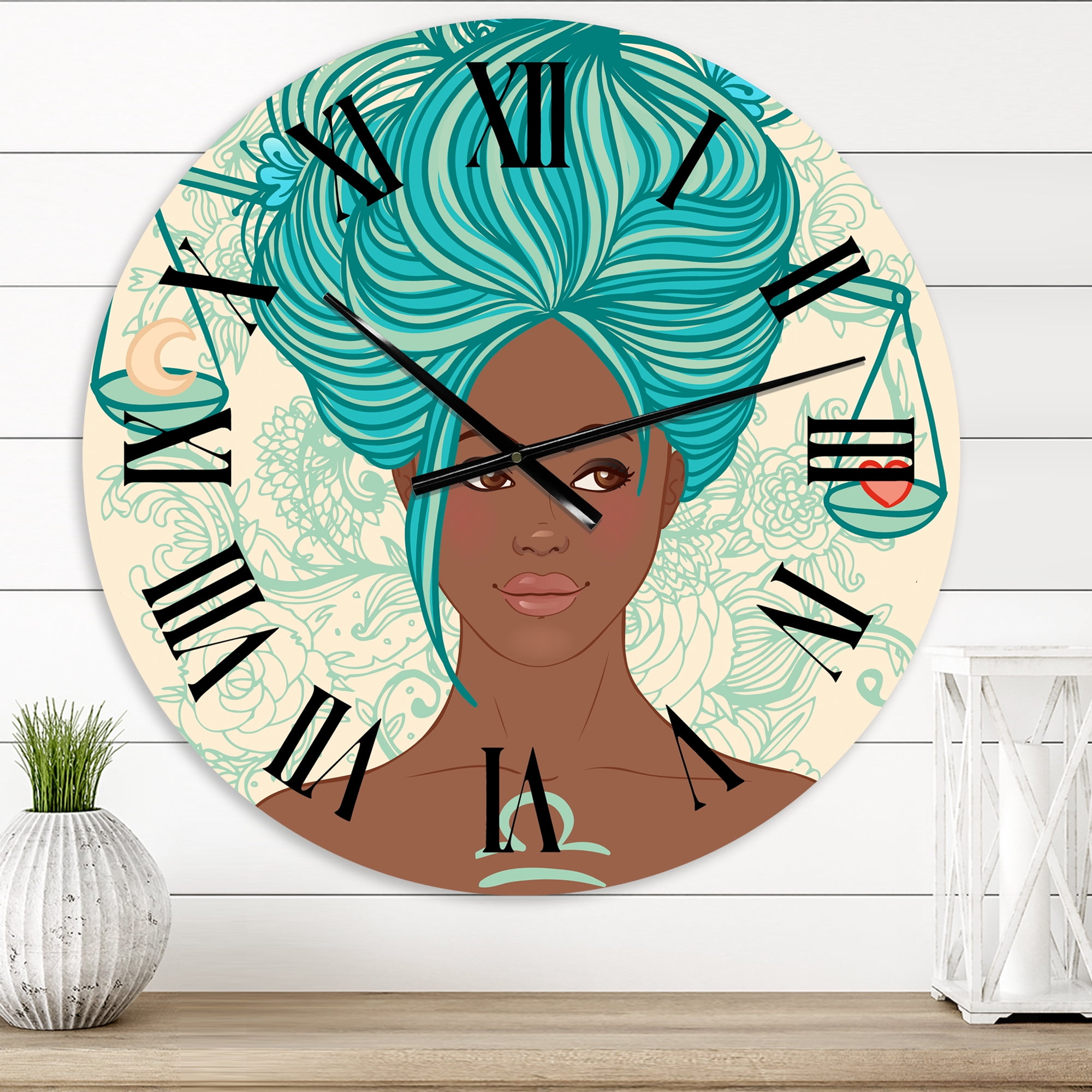 Designart 'Portrait Of Afro American Woman With Blue Hair I' Modern Wall Clock