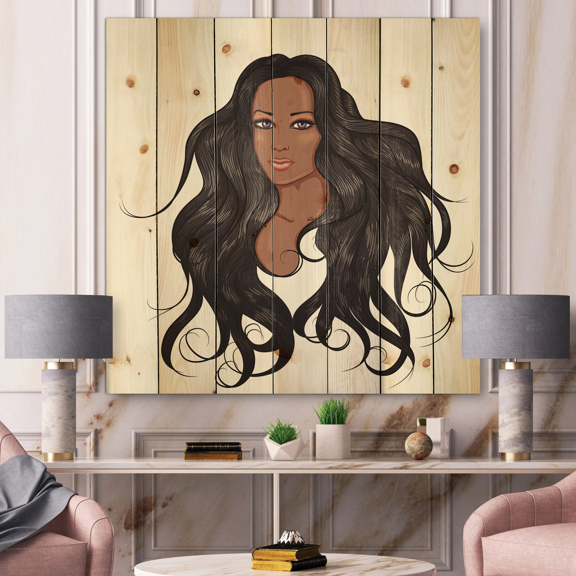 Designart 'Portrait Of Afro American Woman XV' Modern Print on Natural Pine Wood