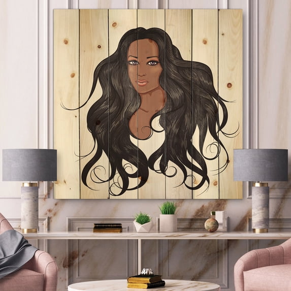 Designart 'Portrait Of Afro American Woman XV' Modern Print on Natural Pine Wood