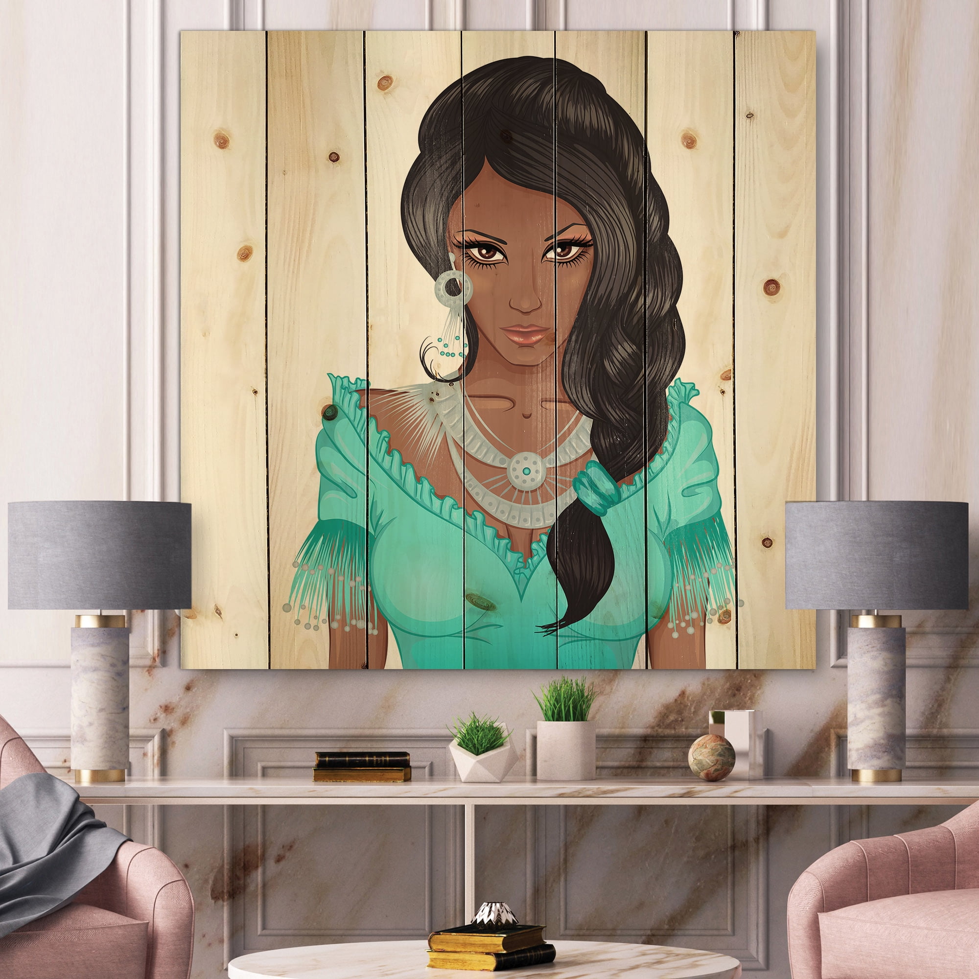 Designart 'Portrait Of Afro American Woman XVI' Modern Print on Natural Pine Wood