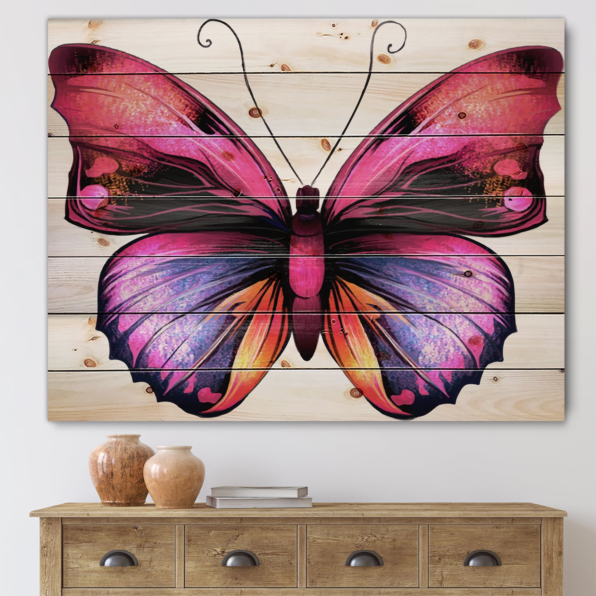 Designart 'Portrait Of Bright Pink Butterfly' Modern Print on Natural Pine Wood