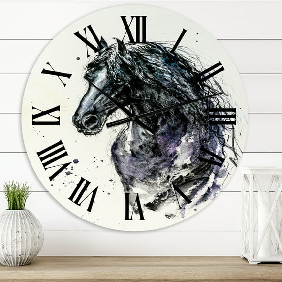 Designart 'Portrait Of Friesian Horse With Long Manes' Farmhouse Wall Clock