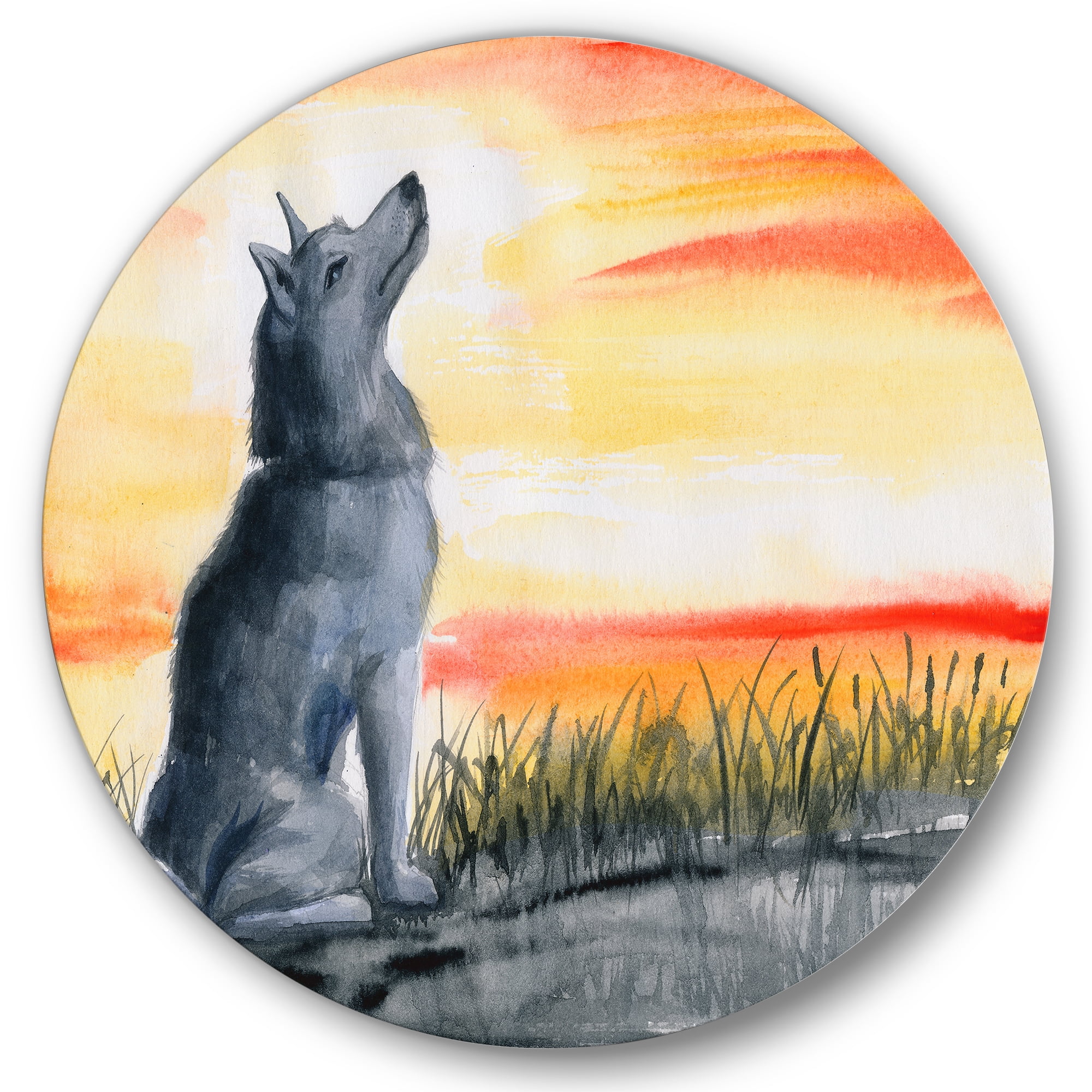Designart 'Portrait Of Grey Wolf Howling At The Moon' Traditional Circle Metal Wall Art 23x23 - Disc of 23