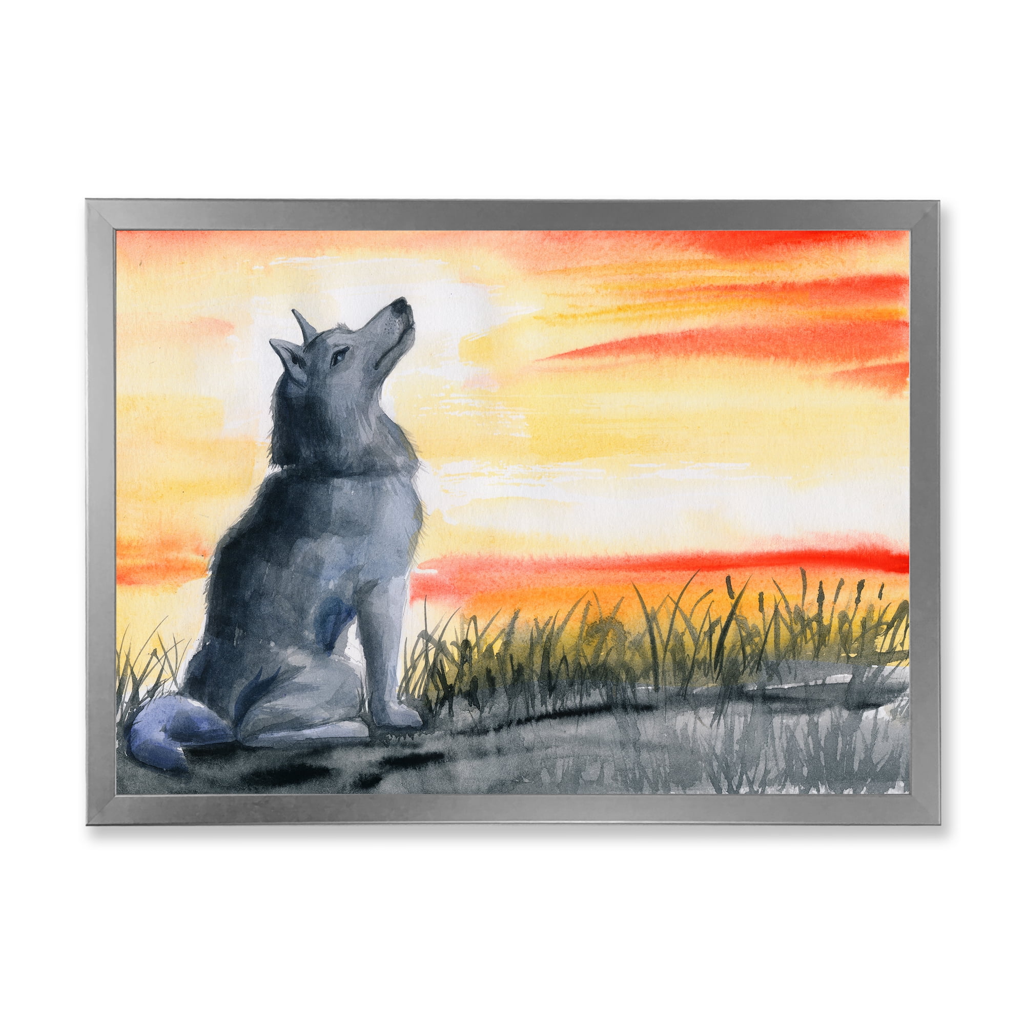 Designart 'Portrait Of Grey Wolf Howling At The Moon' Traditional Framed Art Print