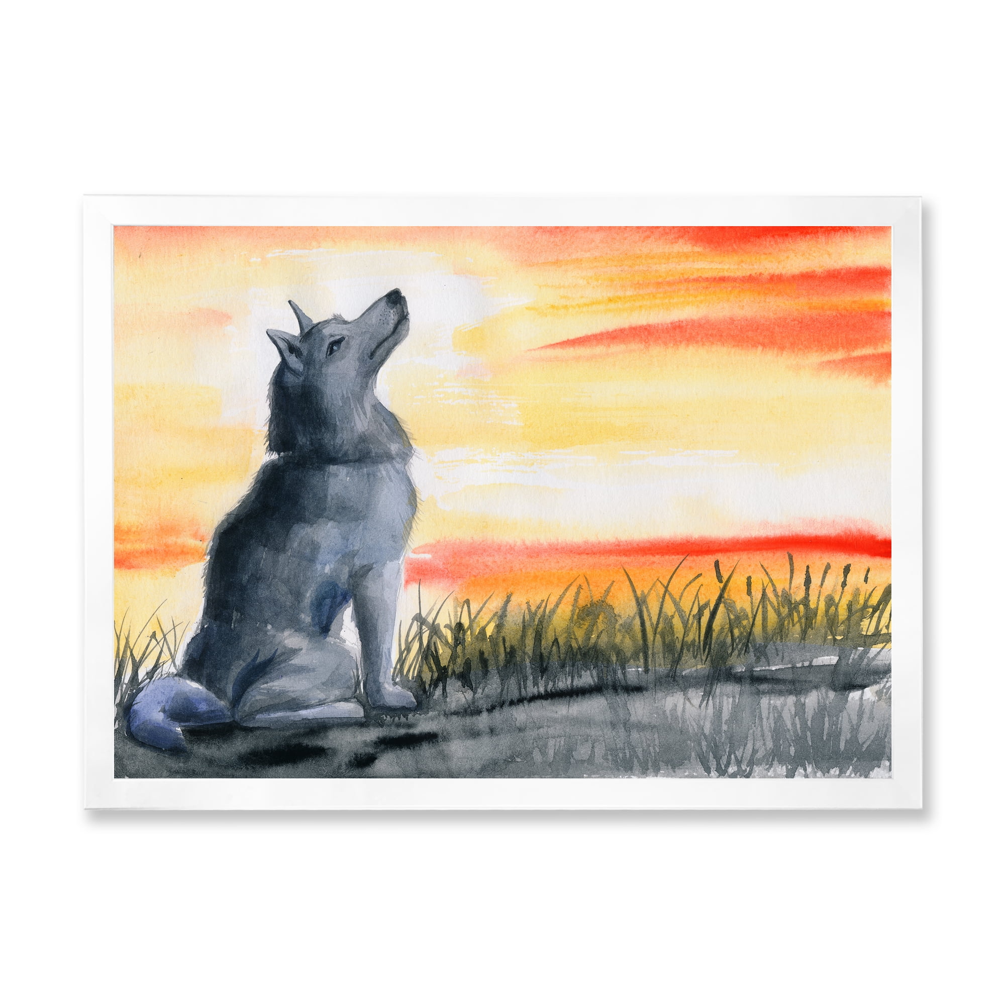 Designart 'Portrait Of Grey Wolf Howling At The Moon' Traditional Framed Art Print