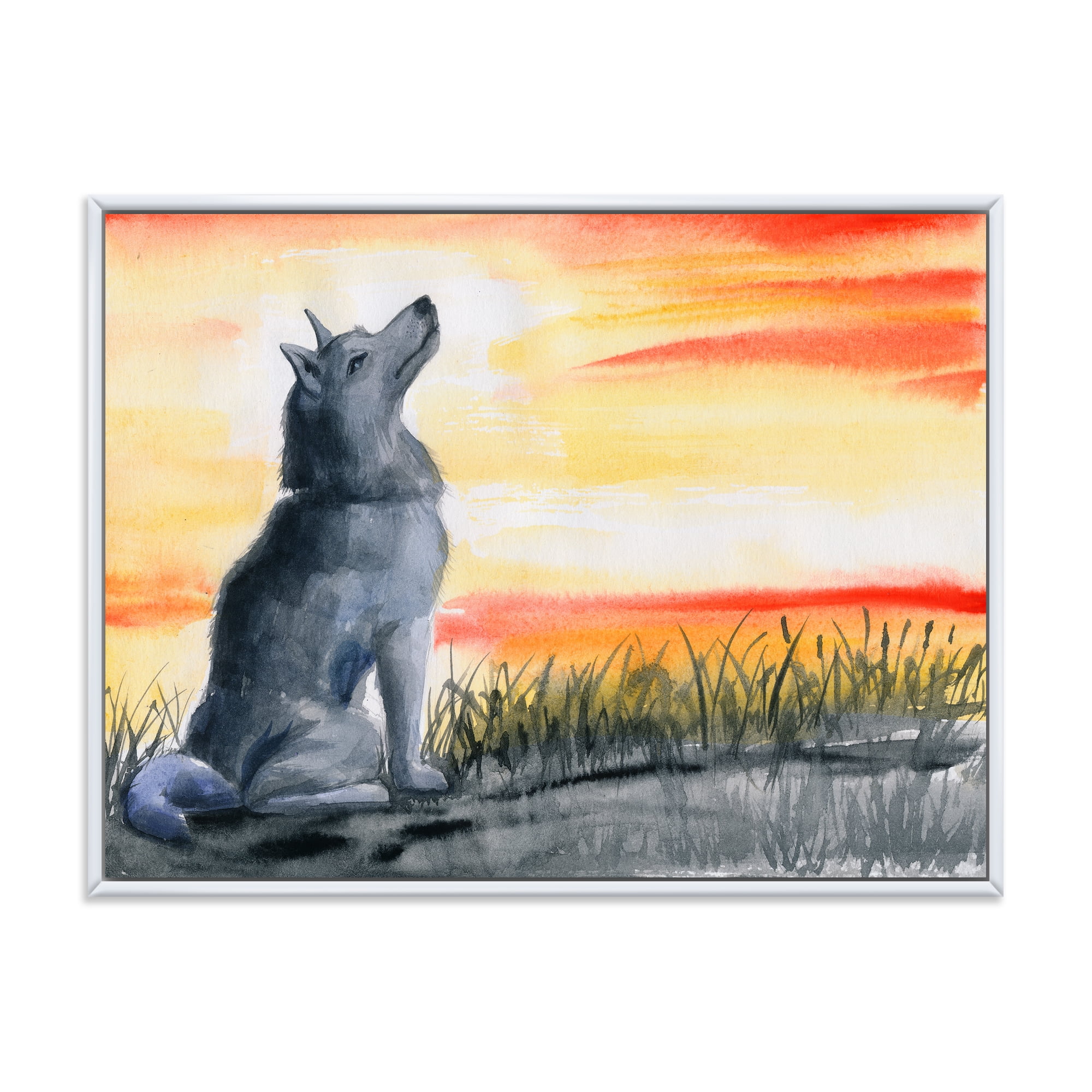 Designart 'Portrait Of Grey Wolf Howling At The Moon' Traditional Framed Canvas Wall Art Print