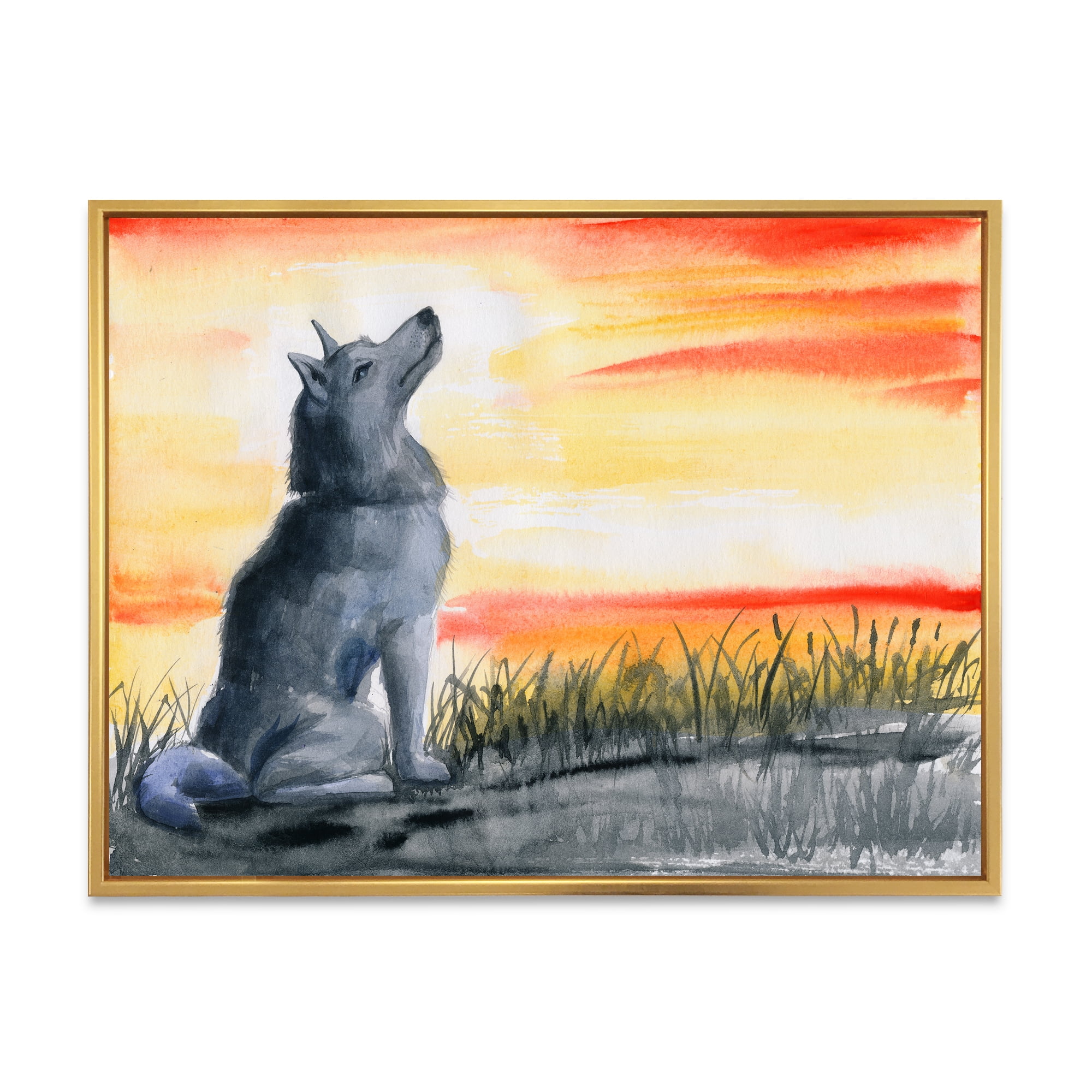 Designart 'Portrait Of Grey Wolf Howling At The Moon' Traditional Framed Canvas Wall Art Print