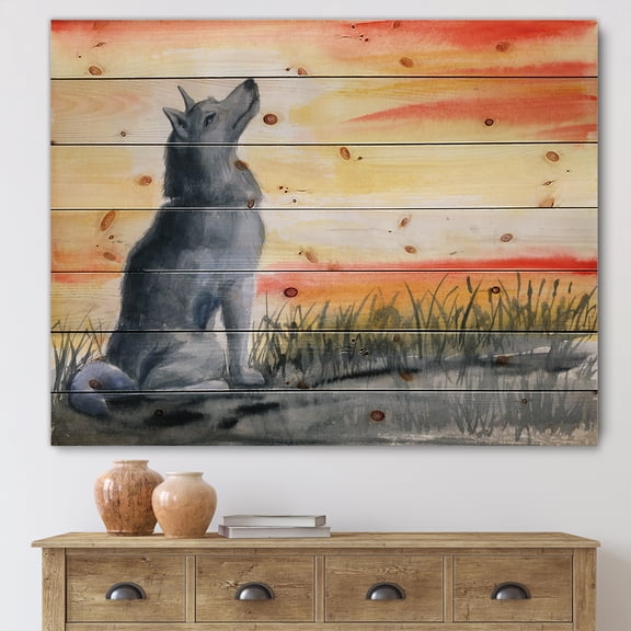 Designart 'Portrait Of Grey Wolf Howling At The Moon' Traditional Print on Natural Pine Wood
