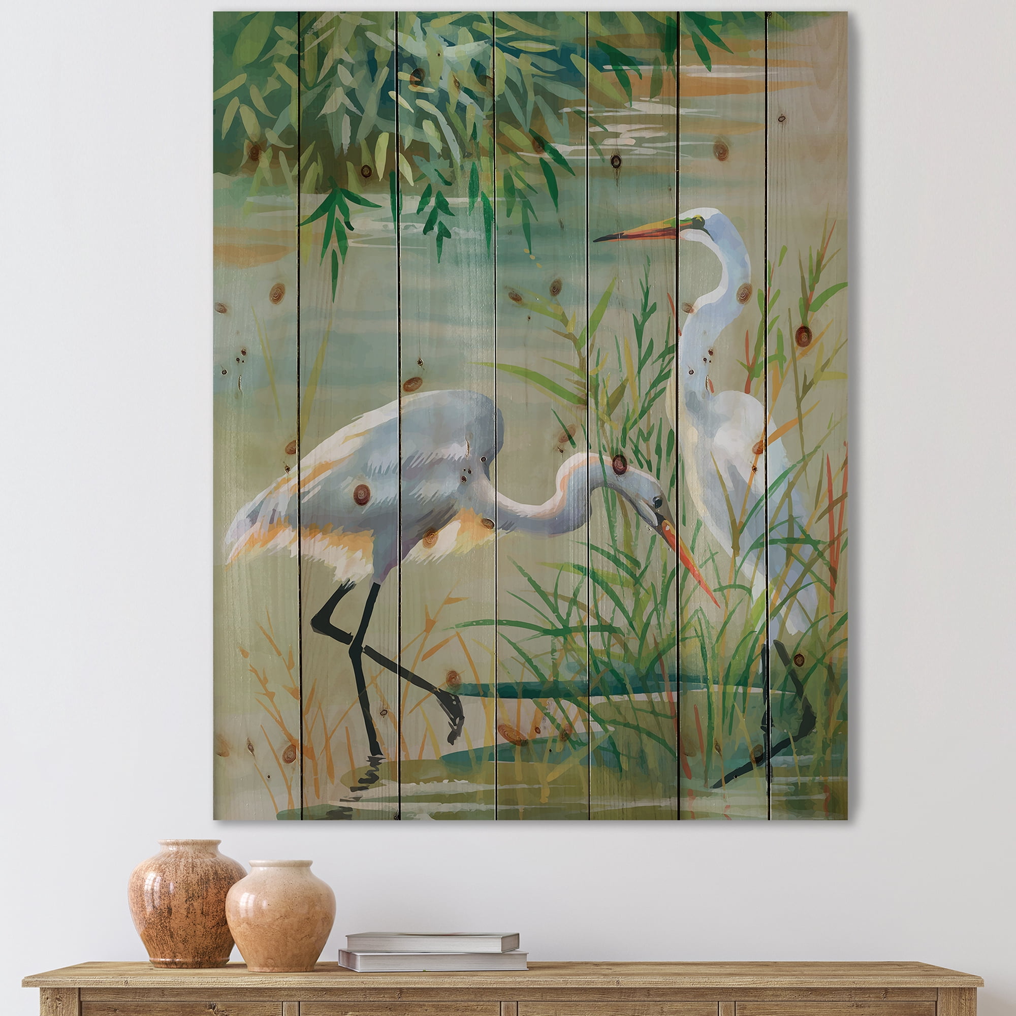 Designart 'Portrait Of Heron Birds I' Traditional Print on Natural Pine Wood