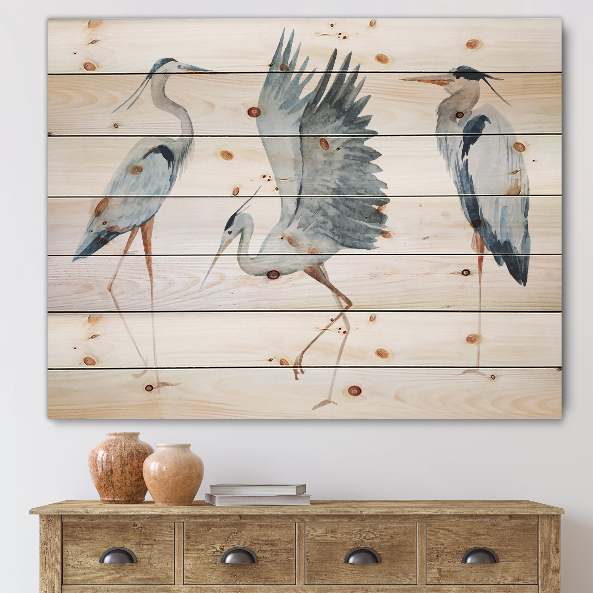 Designart 'Portrait Of Heron Birds II' Traditional Print on Natural Pine Wood