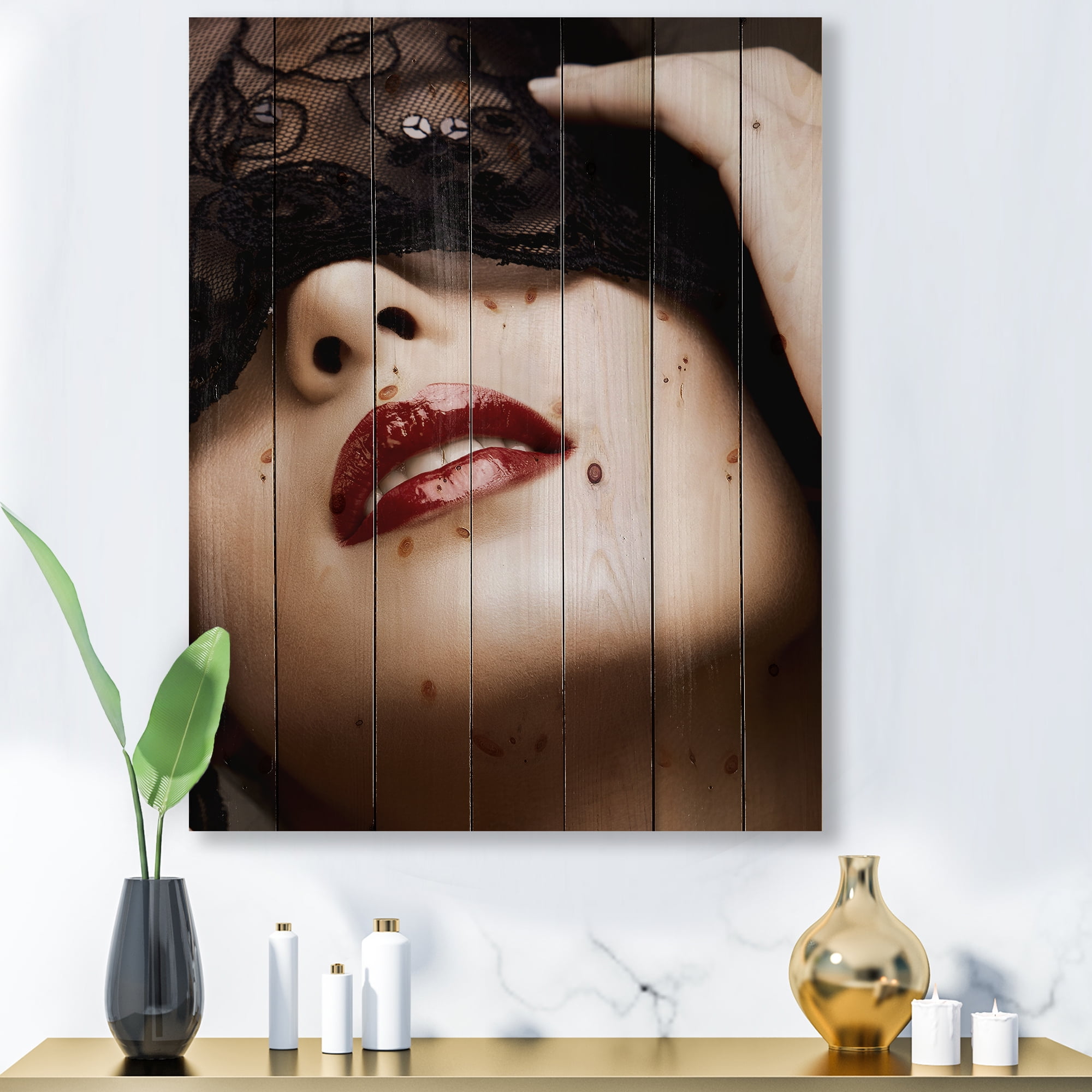 Designart 'Portrait Of Modern Girl With Mask' Modern Print on Natural Pine Wood