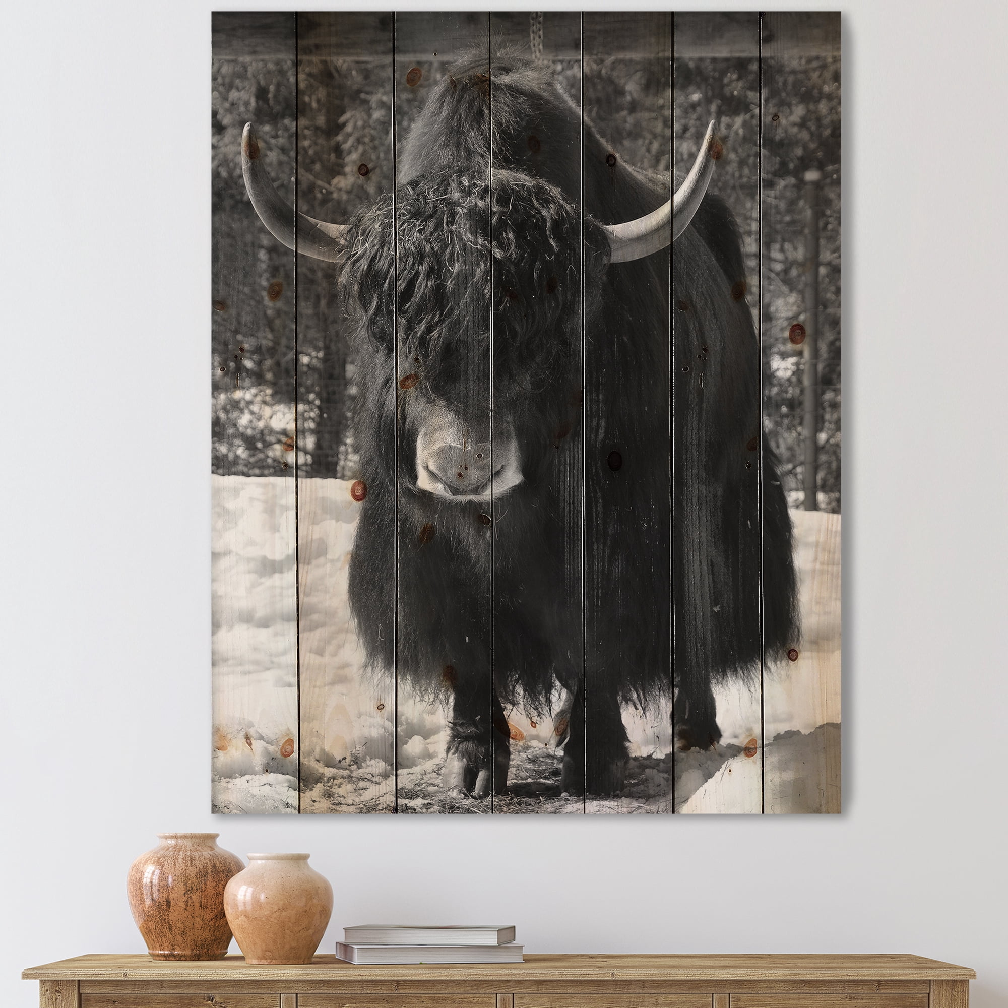 Designart 'Portrait Of Monochrome Wild Bull In Winter Forest I' Farmhouse Print on Natural Pine Wood