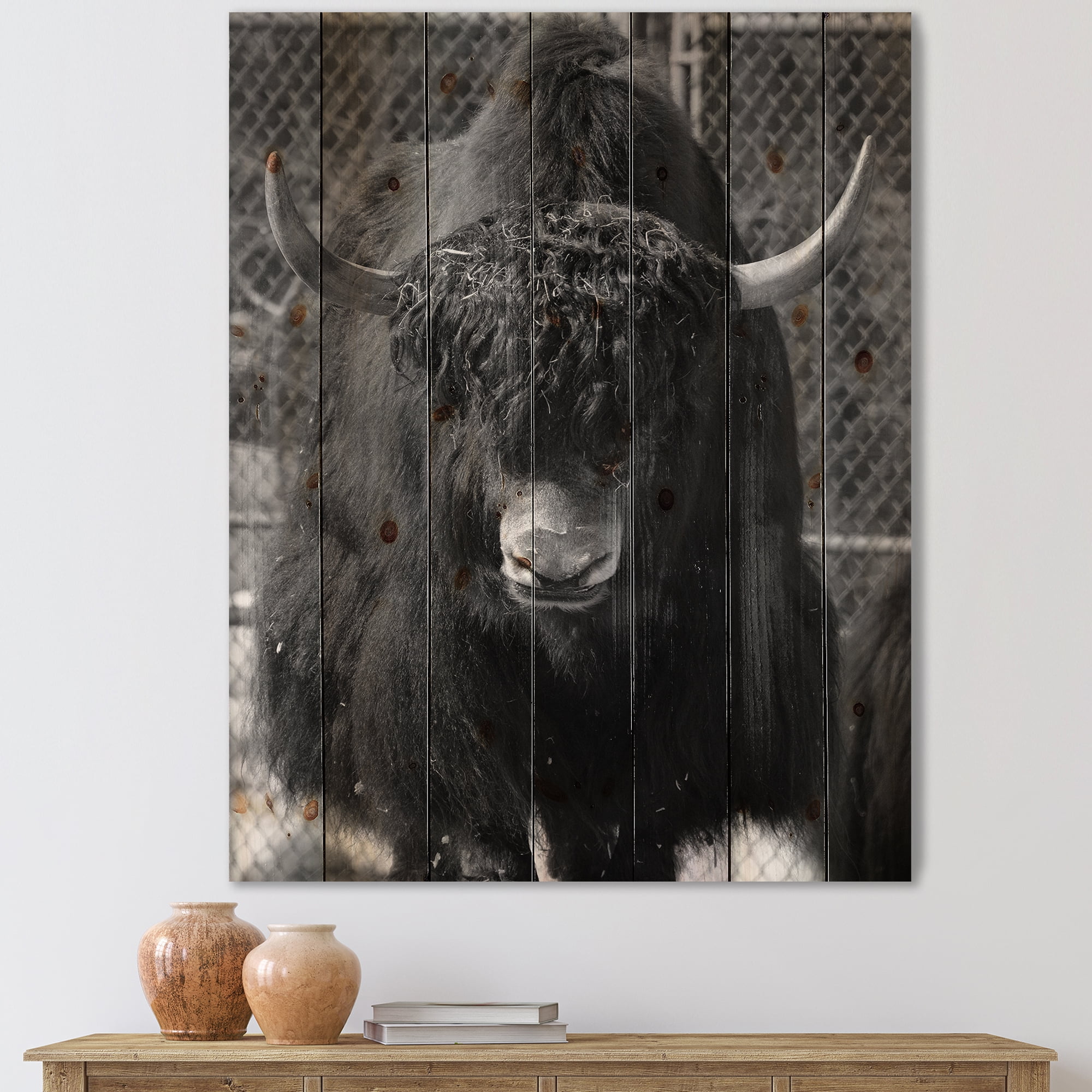 Designart 'Portrait Of Monochrome Wild Bull In Winter Forest II' Farmhouse Print on Natural Pine Wood