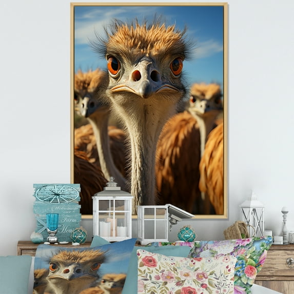 Designart "Portrait Of Ostriches In Elysium" Ostriches Floater Framed Wall Art Living Room
