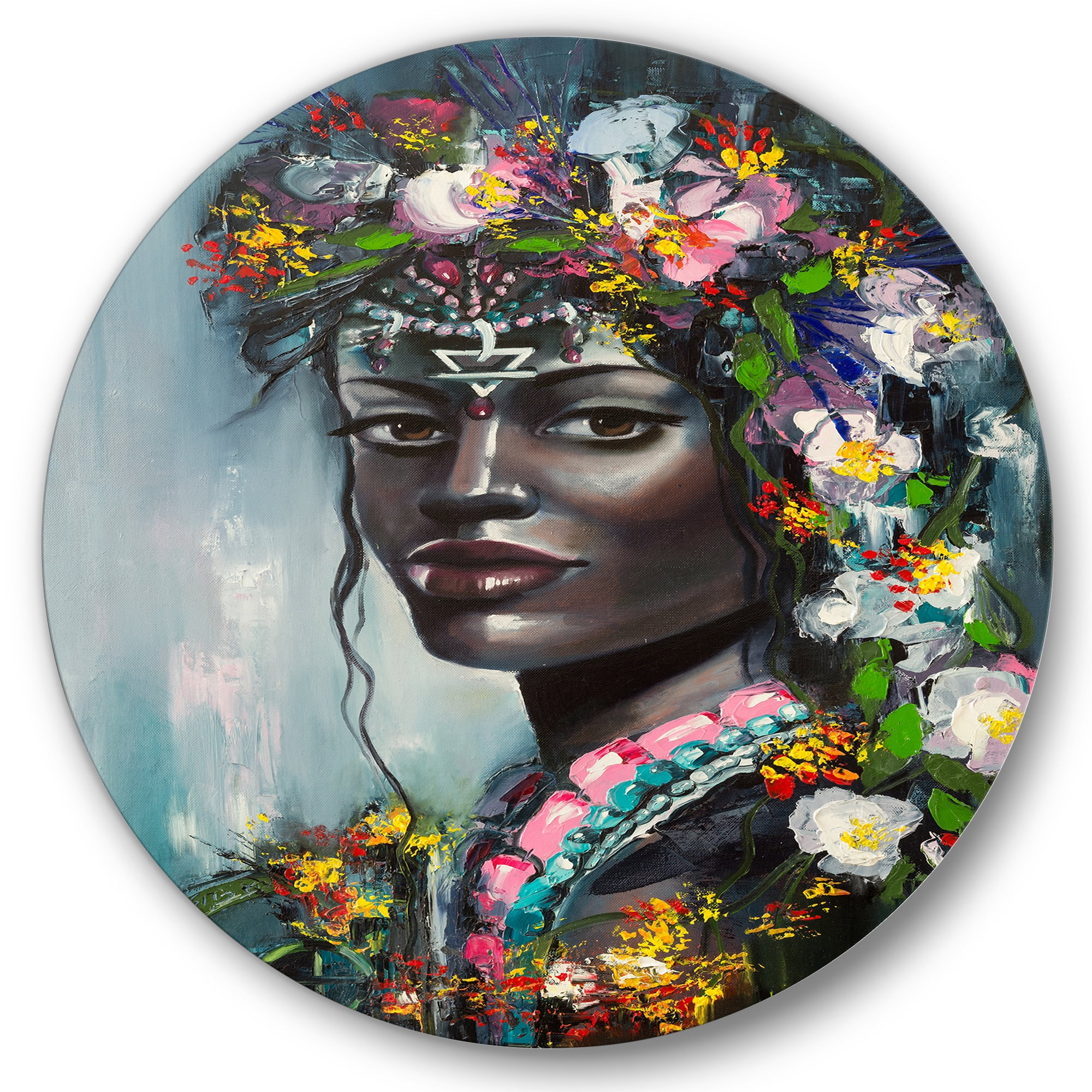 Designart 'Portrait Of Traditional African American Woman' Modern Circle Metal Wall Art 29x29 - Disc of 29