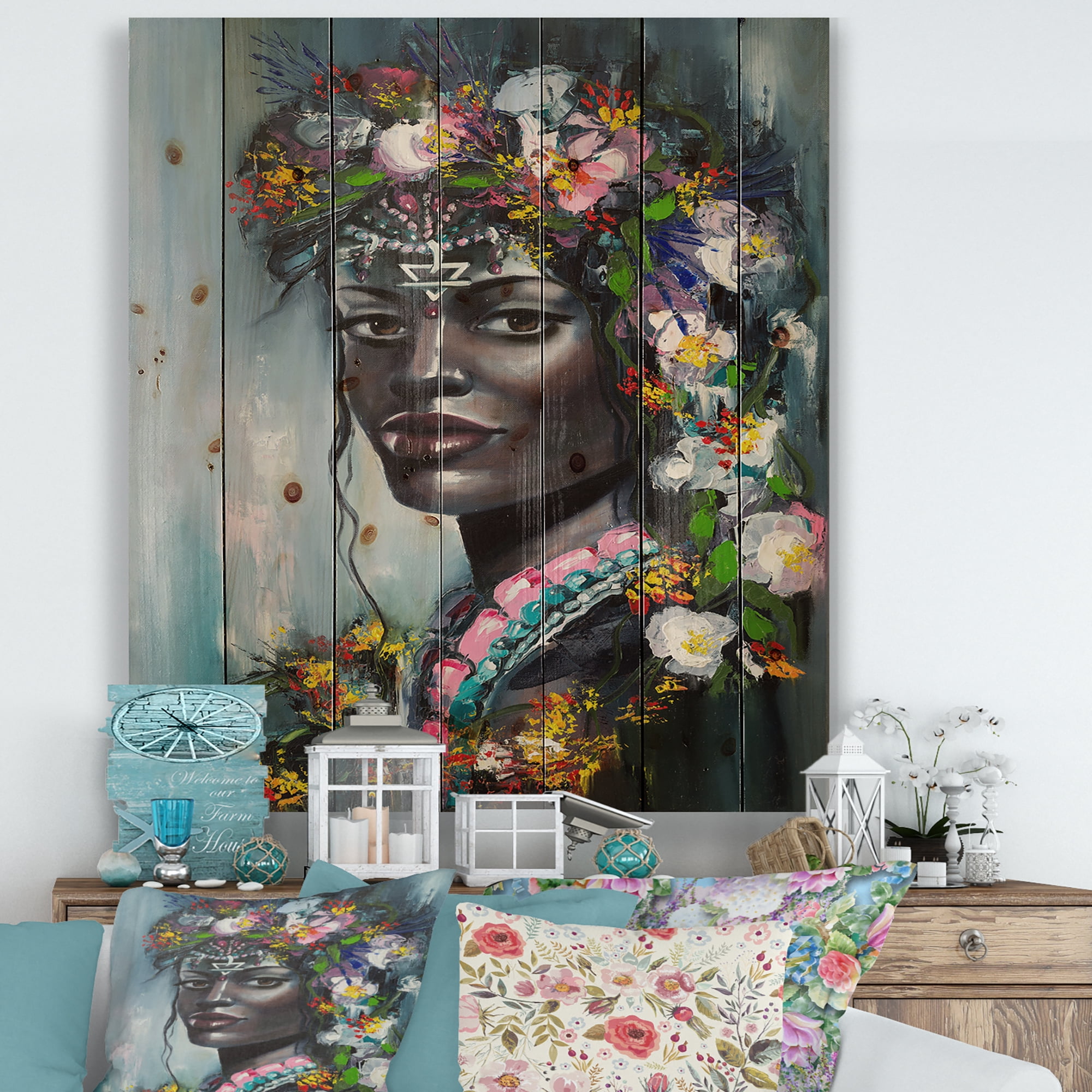 Designart 'Portrait Of Traditional African American Woman' Modern Print on Natural Pine Wood