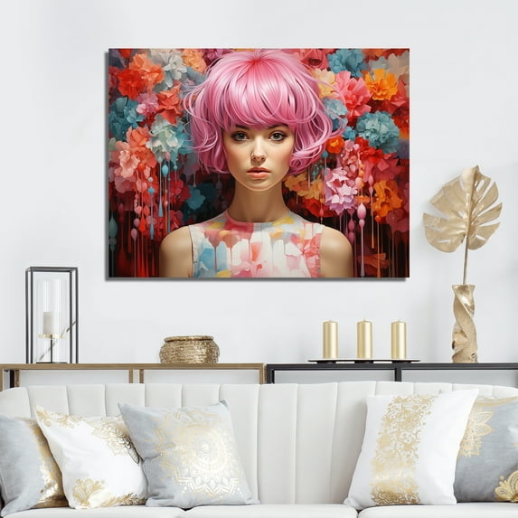 Designart "Portrait Of Whimsical Pink Wigs I" Woman Pop Art Wall Art Prints