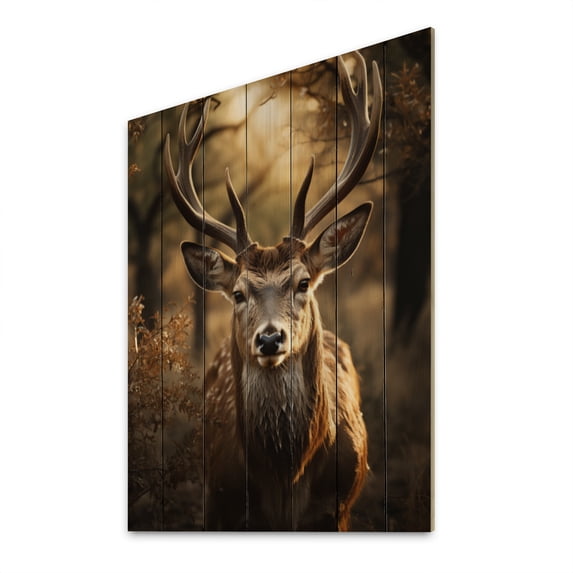 Designart "Portrait Vibrant Brown Deer painting I" Animals Print on Natural Pine Wood