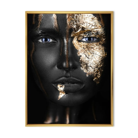 Designart 'Portrait of A African American Girl with Gold Makeup' Modern Framed Canvas Wall Art Print