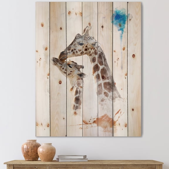 Designart 'Portrait of A Child and Giraffe' Farmhouse Print on Natural Pine Wood