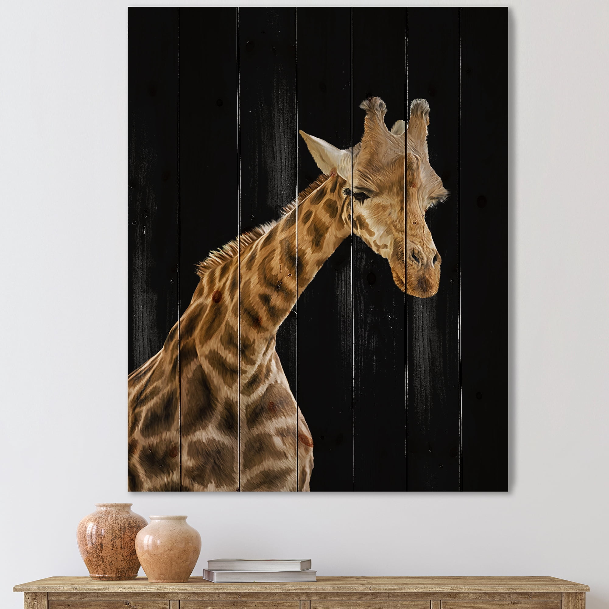 Designart 'Portrait of A Giraffe On Black Background II' Farmhouse Print on Natural Pine Wood