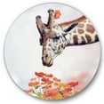 thumbnail image 1 of Designart 'Portrait of A Giraffe With Orange Flowers' Farmhouse Circle Metal Wall Art 29x29 - Disc of 29, 1 of 5