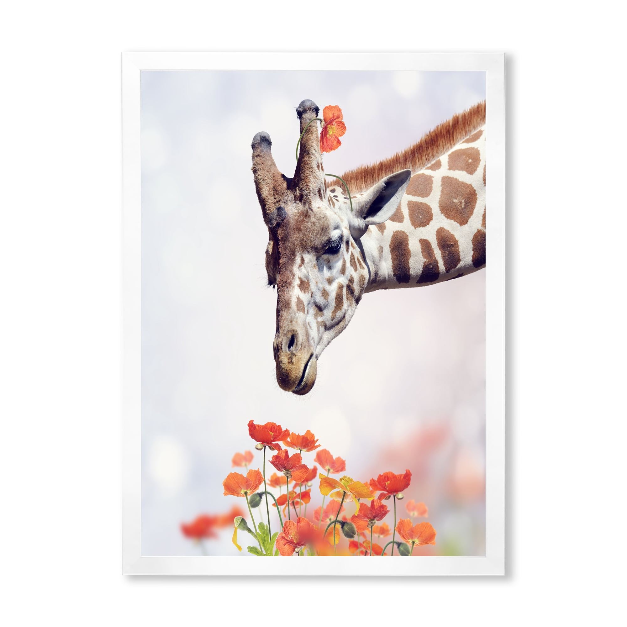 Designart 'Portrait of A Giraffe With Orange Flowers' Farmhouse Framed Art Print