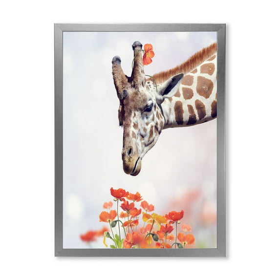 Designart 'Portrait of A Giraffe With Orange Flowers' Farmhouse Framed Art Print