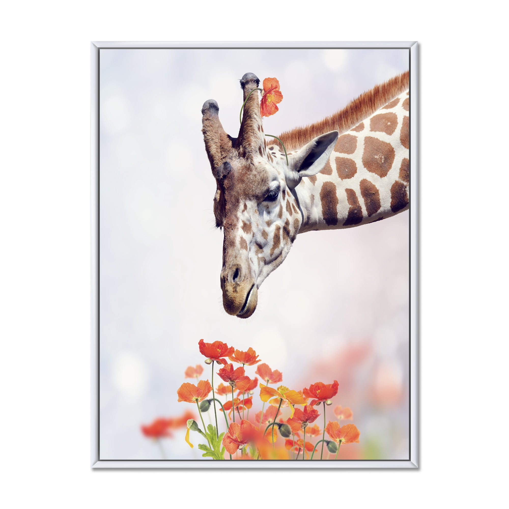 Designart 'Portrait of A Giraffe With Orange Flowers' Farmhouse Framed Canvas Wall Art Print