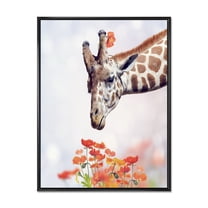 Designart 'Portrait of A Giraffe With Orange Flowers' Farmhouse Framed Canvas Wall Art Print