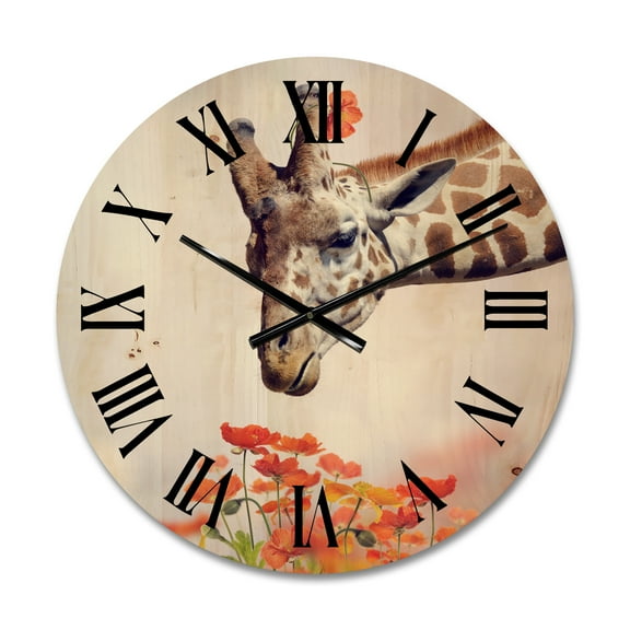 Designart 'Portrait of A Giraffe With Orange Flowers' Farmhouse Wood Wall Clock