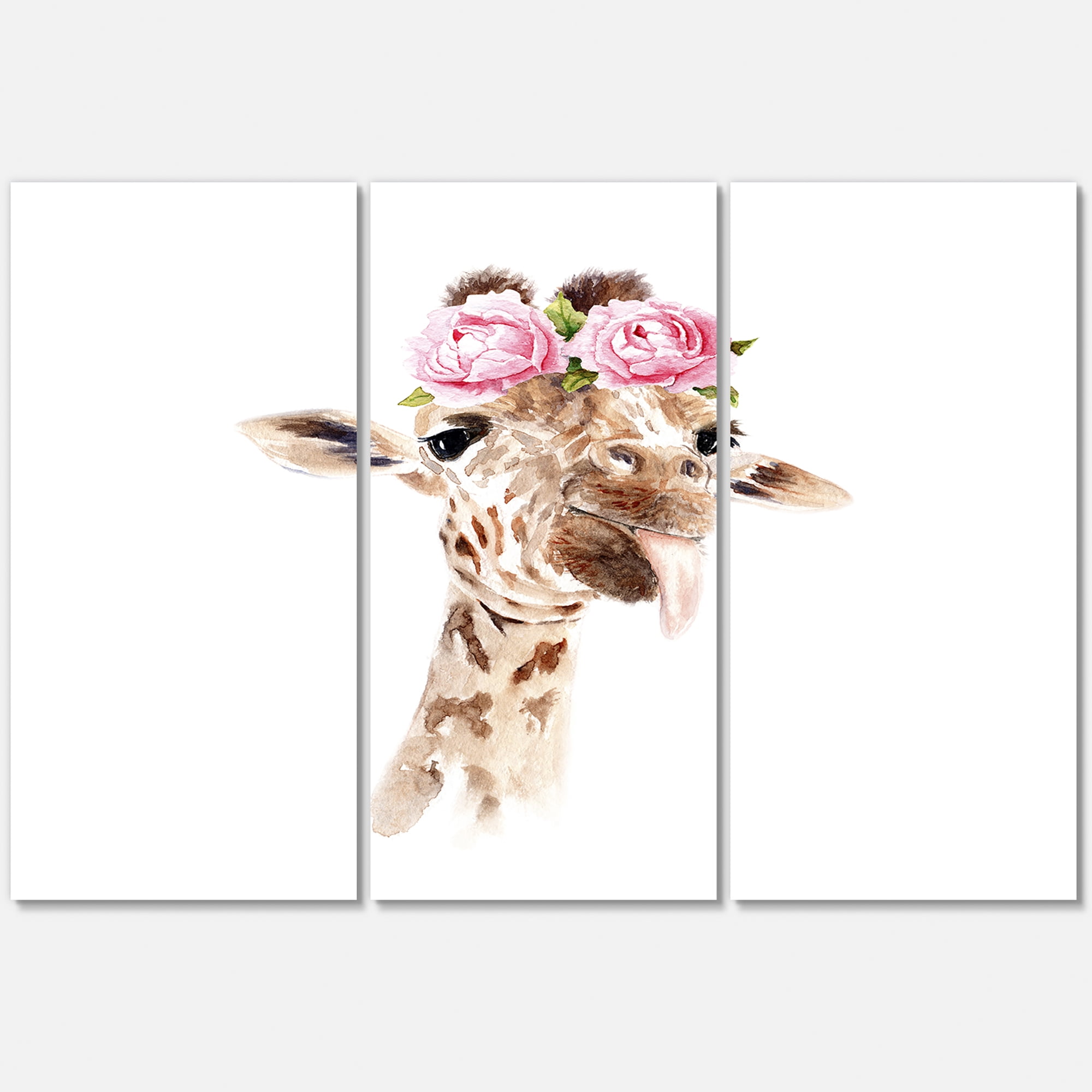 Designart ' Portrait of A Giraffe With Pink Flowers ' Farmhouse Canvas Wall Art Print