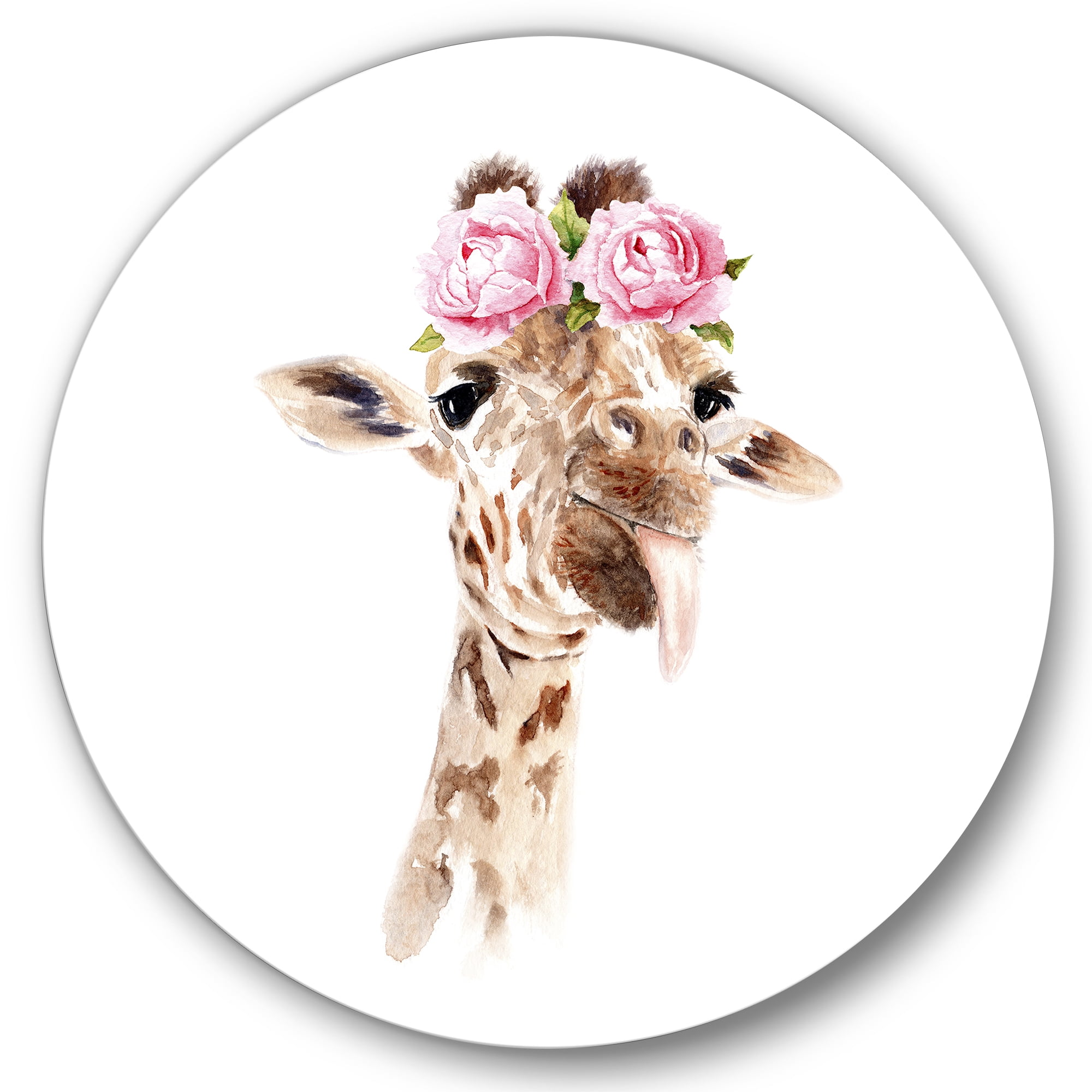 Designart 'Portrait of A Giraffe With Pink Flowers' Farmhouse Circle Metal Wall Art 29x29 - Disc of 29