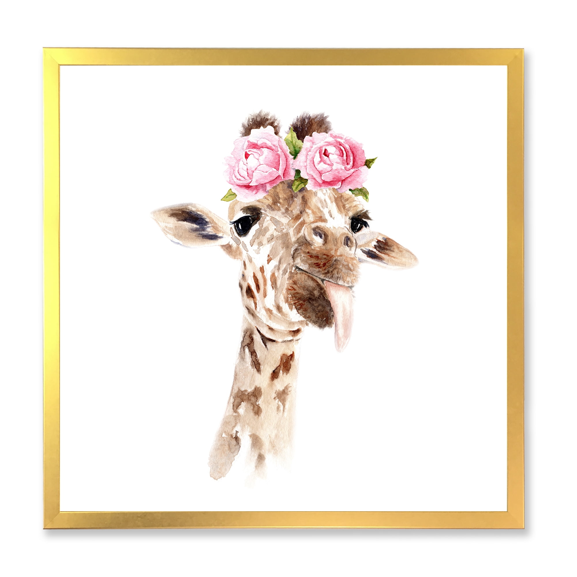 Designart 'Portrait of A Giraffe With Pink Flowers' Farmhouse Framed Art Print