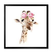 Designart 'Portrait of A Giraffe With Pink Flowers' Farmhouse Framed Art Print