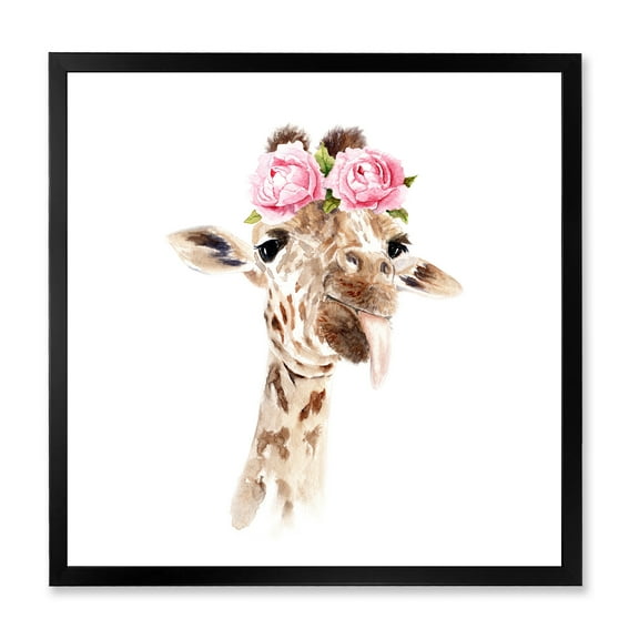 Designart 'Portrait of A Giraffe With Pink Flowers' Farmhouse Framed Art Print