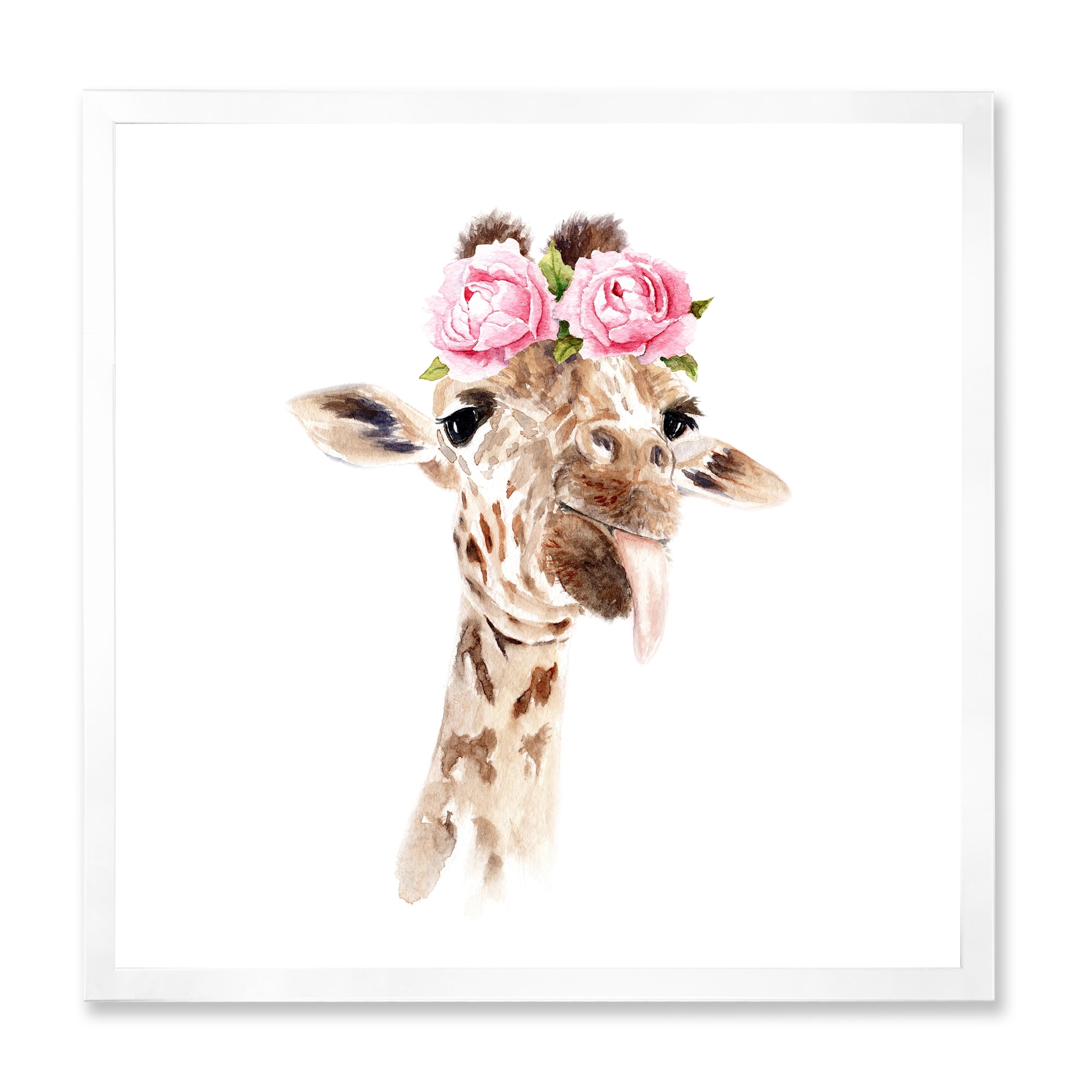 Designart 'Portrait of A Giraffe With Pink Flowers' Farmhouse Framed Art Print