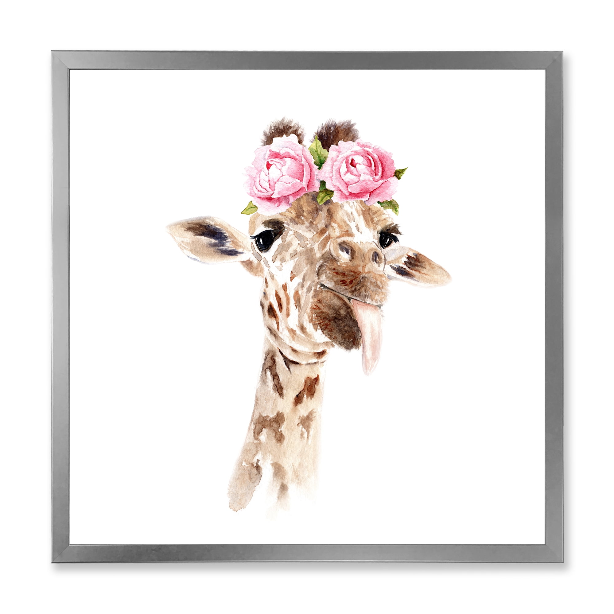 Designart 'Portrait of A Giraffe With Pink Flowers' Farmhouse Framed Art Print